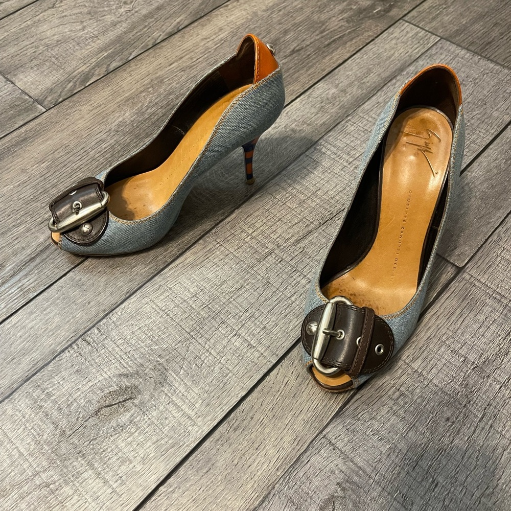 Giuseppe Zanotti denim and orange Peep-Toe Heels with Buckle size 36.5